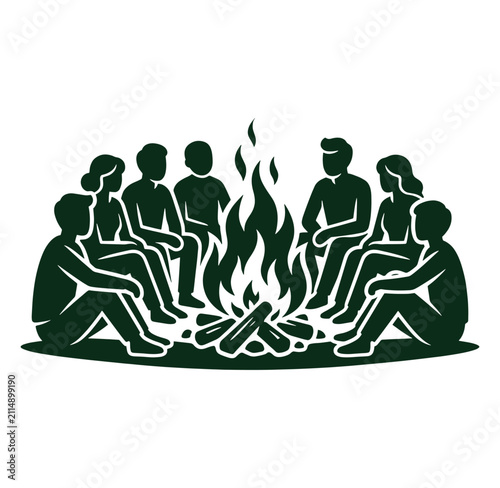 Groupofpeoplesittingaroundabonfiretogetheratnightoutside