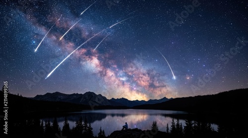 A solitary figure sits on a rocky outcrop overlooking a serene lake reflecting a vibrant Milky Way and multiple shooting stars.