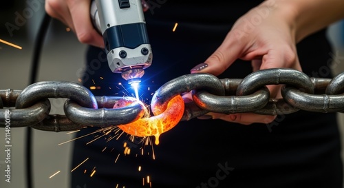 Person cutting through metal chain with grinder.