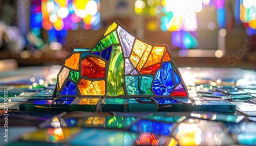 Vibrant jewel-toned stained glass mosaic artwork with intricate geometric patterns and shimmering light.
