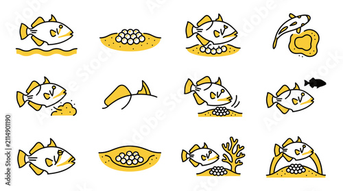 Canvastavla Fish Reproduction Cycle Icon Set: Spawning, Nesting, Eggs, and Parental Care