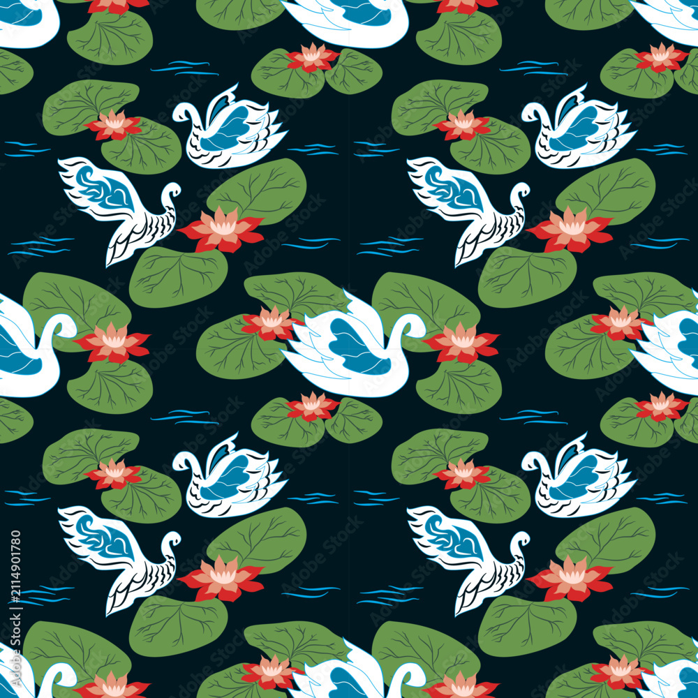Obraz premium Graceful White Swans and Blooming orange Lotus Flowers Seamless Pattern Vector on Dark Navy Background