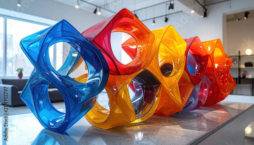 Vibrant Translucent Abstract Sculpture With Interlocking Geometric Forms