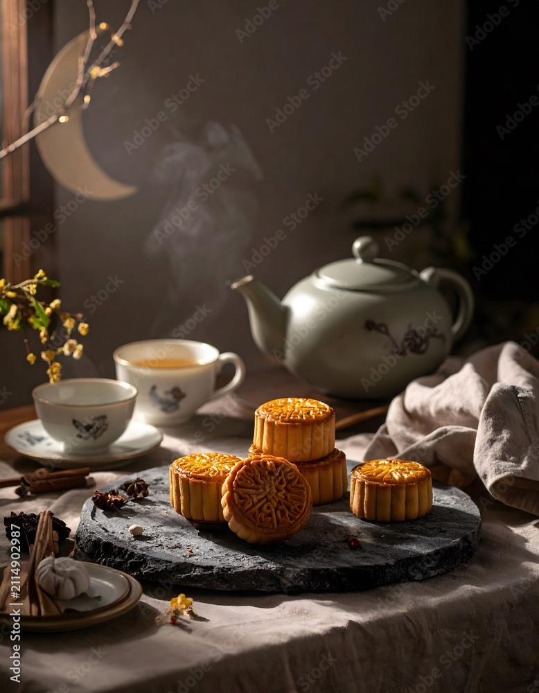 Fototapeta premium Mid-Autumn Festival: A steaming cup of tea accompanies a stack of golden mooncakes on a dark slate plate, set against a softly lit backdrop with a crescent moon motif.