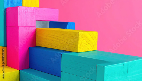 Vibrant Wooden Building Blocks Stacked in a Playful Geometric Pattern