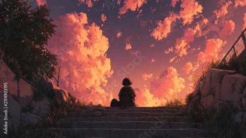 Solitary Child Silhouette Contemplates Vibrant Sunset Sky atop Stone Steps - Hopeful Reflection and Quiet Moment