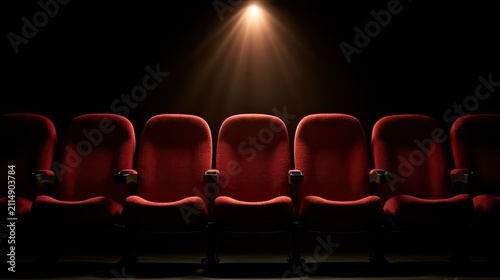 Empty red cinema seats illuminated by a single spotlight from above