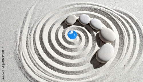 Zen Garden with Smooth Stones and Spiraling Sand Patterns in Tranquil Setting