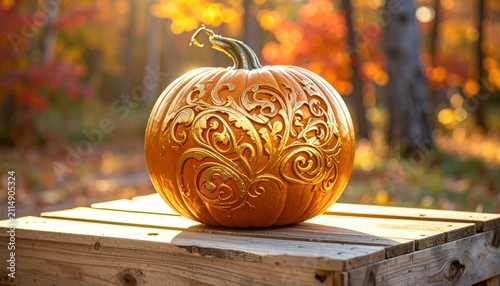 Intricately Gilded Pumpkin with Ornate Carvings Resting on Wood with Autumn Foliage Background
