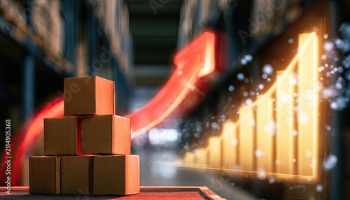 Warehouse growth chart with stacked boxes and rising arrow