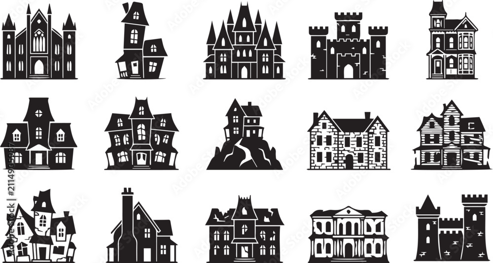 Naklejka premium Haunted House Halloween Icons Set – Spooky Haunted Mansion, Ghost, Cemetery and Horror Elements