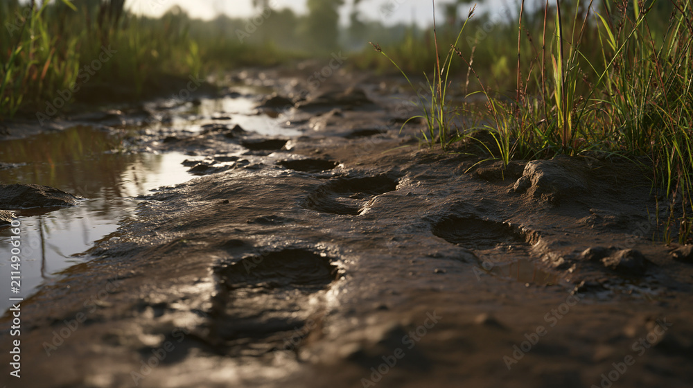 Obraz premium Close-up of a muddy path after rain, showing disorganized footprints in wet earth.