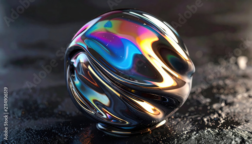 Iridescent Metallic Sphere with Fluid Reflections on a Dark Textured Surface