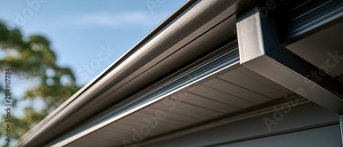 Close-up view of a modern gray gutter system against a blue sky