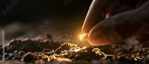Hand planting glowing seed in rich soil, symbolizing new beginnings and growth