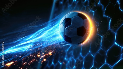Futuristic soccer ball enters glowing, energetic net with blue light streaks