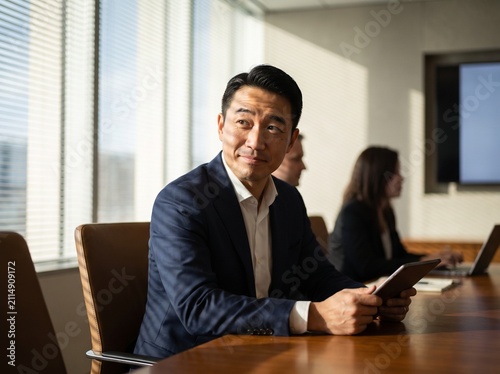 Successful East Asian Businessman in Blue Suit Holding Digital Tablet during Corporate Meeting