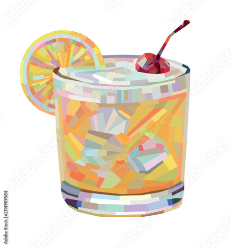 Stylized whiskey sour cocktail. A classic vector polygonal drink presented as a vibrant aesthetic contemporary illustration. Alcoholic drink