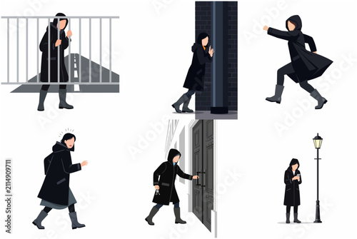 Set of flat vector illustrations of a mysterious woman in a black hooded coat engaged in suspicious activities like spying, hiding behind walls, running, and entering a building secretly.