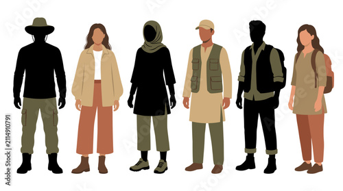 Foto Set of vector collection featuring different man and woman wearing practical des
