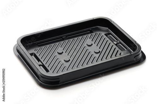 Empty black plastic disposable packaging food tray