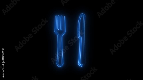 Animated neon sign of crossed spoon and fork against a black background for restaurant or food related content. 4k