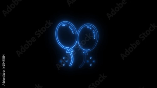 Two blue neon balloons with strings on black background party celebration. 4k