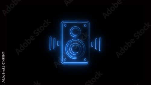 Blue neon speaker icon glowing on black background for audio sound music or loudspeaker.4k animation