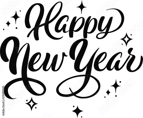 Happy New Year Hand Lettering Brush Script with Stars and Sparkles