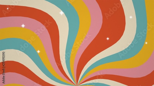 Groovy Sunburst Retro Background Animation featuring Wavy Spiral Lines and Sparkling Stars in 70s Vintage Style