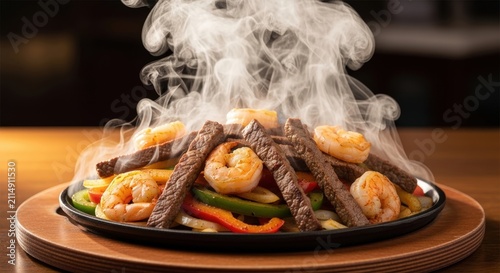 Steaming fajita dish with shrimp beef.