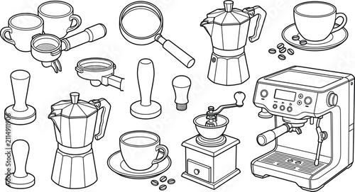 Fotografie Coffee maker equipment line icon set featuring espresso machine moka pot grinder tamper portafilter and cup vector