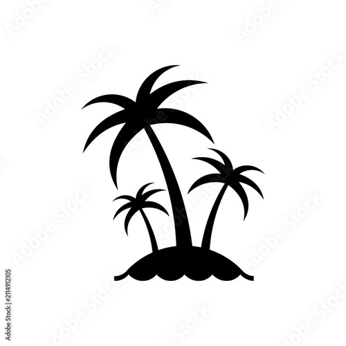 Silhouette of multiple tropical palm trees on a small island isolated on white background. Suitable for beach scenes, tropical landscapes, tourism branding, travel illustrations, and summer-themed