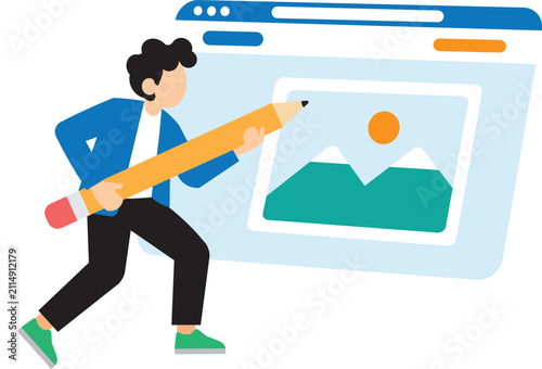 Web Designer or Graphic Artist Editing Visual Content on Browser Sticker Illustration