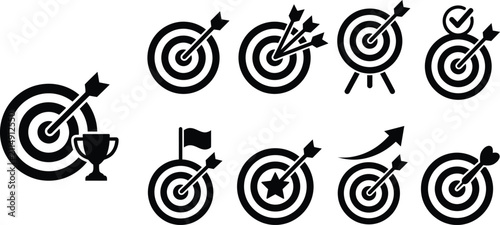 Business strategy and success: target with arrow hitting bullseye icon set, vector graphic isolated on white background.