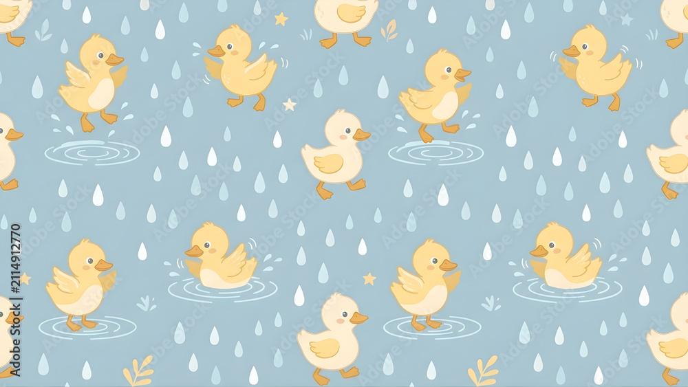 Fototapeta premium Seamless pattern with cute yellow ducklings playing in the rain.