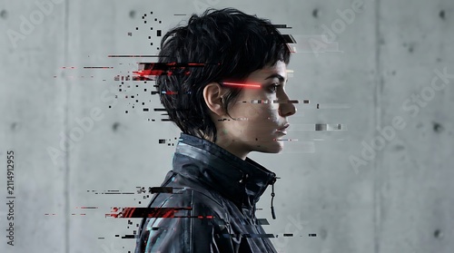 Cyberpunk style portrait of a young woman with short hair, featuring a digital glitch effect and red light accents, against a concrete wall background