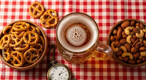 Overhead view of beer, pretzels, and nuts on a red and white checkered tablecloth.