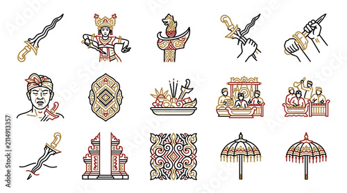 Foto Indonesian Culture Icons: Kris Dagger, Traditional Dancer, Temple Gate, Umbrella