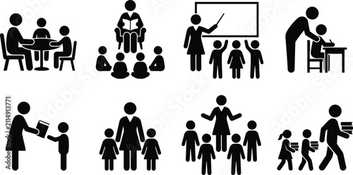 Teacher Classroom Education Silhouette Icons Set School Learning Black Glyph Vector Collection