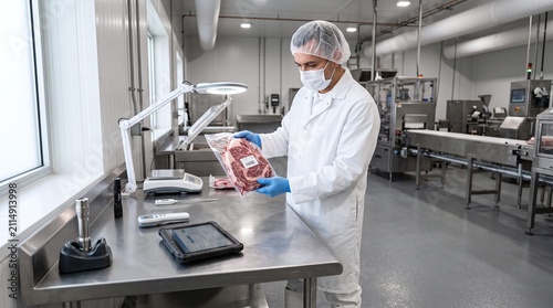 Worker in protective clothing inspects packaged raw beef steak with label in food processing facility