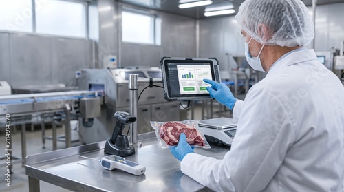 Food factory worker in sterile uniform checking quality of packaged meat on tablet screen