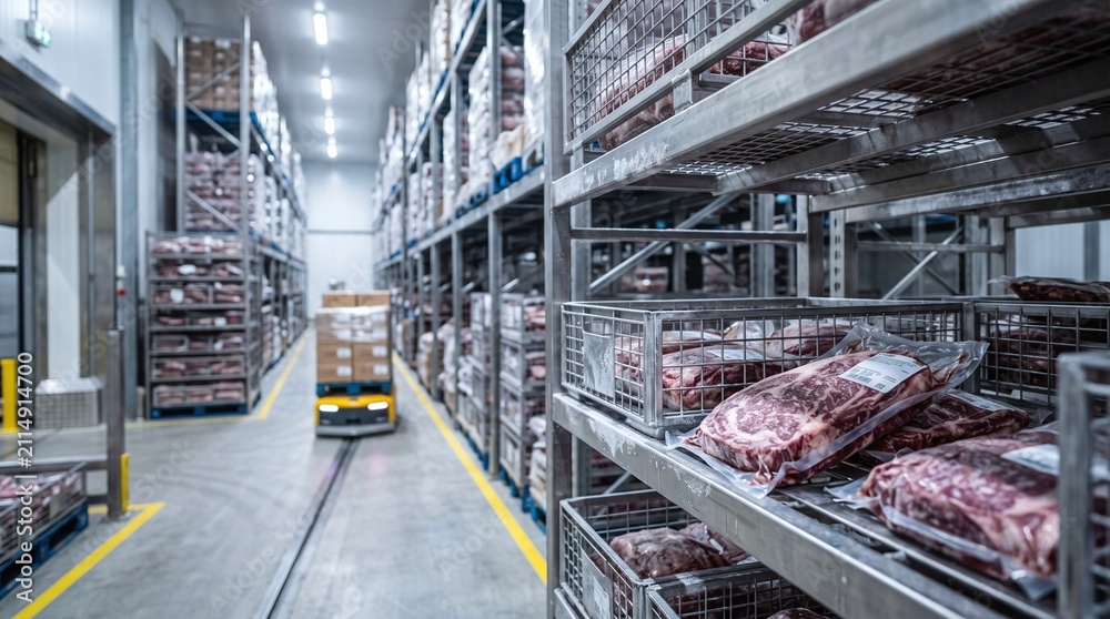 Fototapeta premium Packed raw meat cuts in vacuum sealed packaging stored on industrial metal shelves in a cold storage warehouse