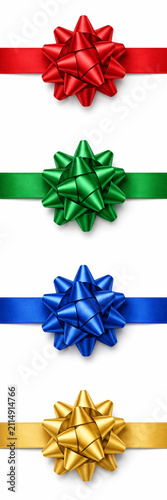 Four colorful decorative gift bows with matching ribbons arranged vertically