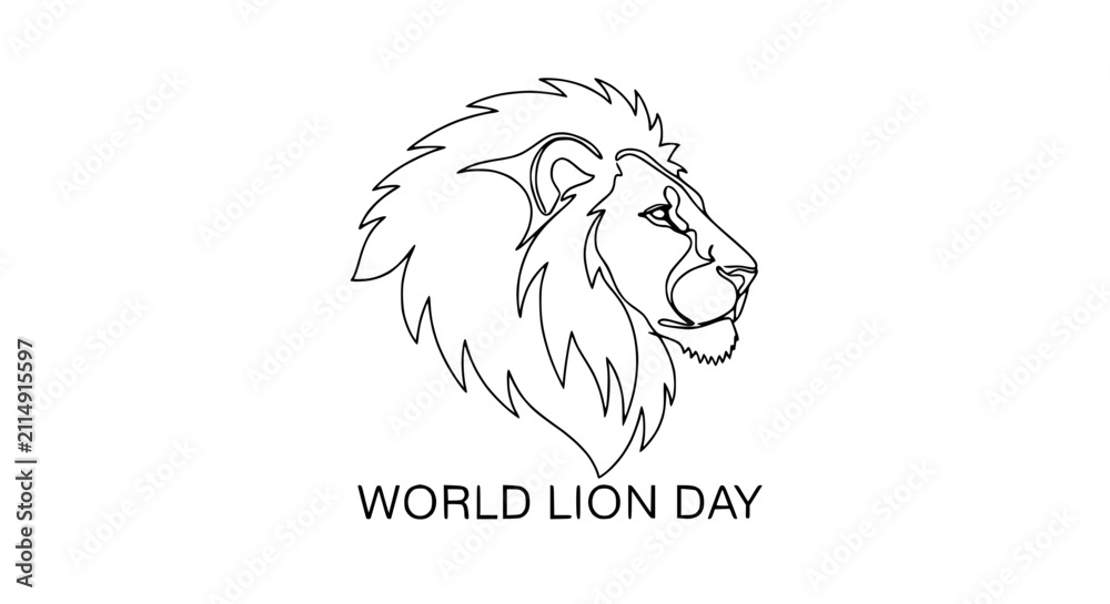 Fototapeta premium Minimalist Lion Head Outline, World Lion Day Celebration, Single Line Art