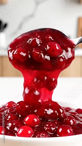 Close-up of chunky cranberry sauce in white bowl.