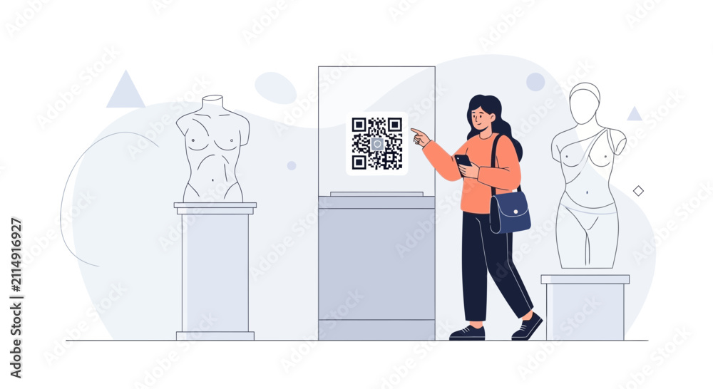 Obraz premium Woman Interacting with QR Code at Museum Exhibit with Ancient Statues, Digital Information Access