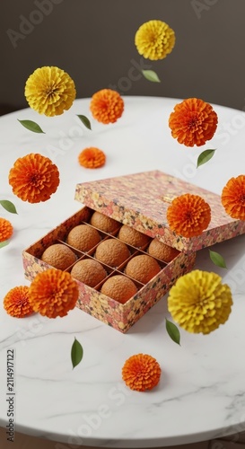 Artistic Arrangement of Chocolate Eggs in a Decorative Box Surrounded by Falling Flowers.