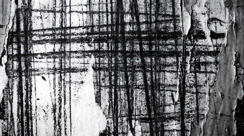 Abstract black and white background with distressed texture, grunge pattern, scratched surface, and torn paper elements, high contrast monochrome design