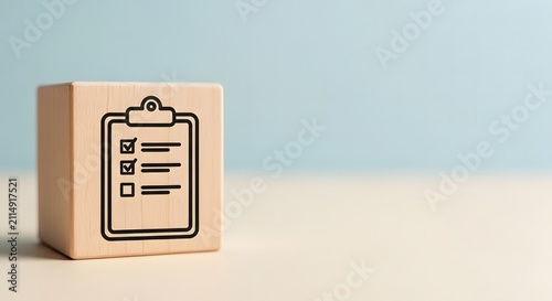 Clipboard symbol printed on wooden block.